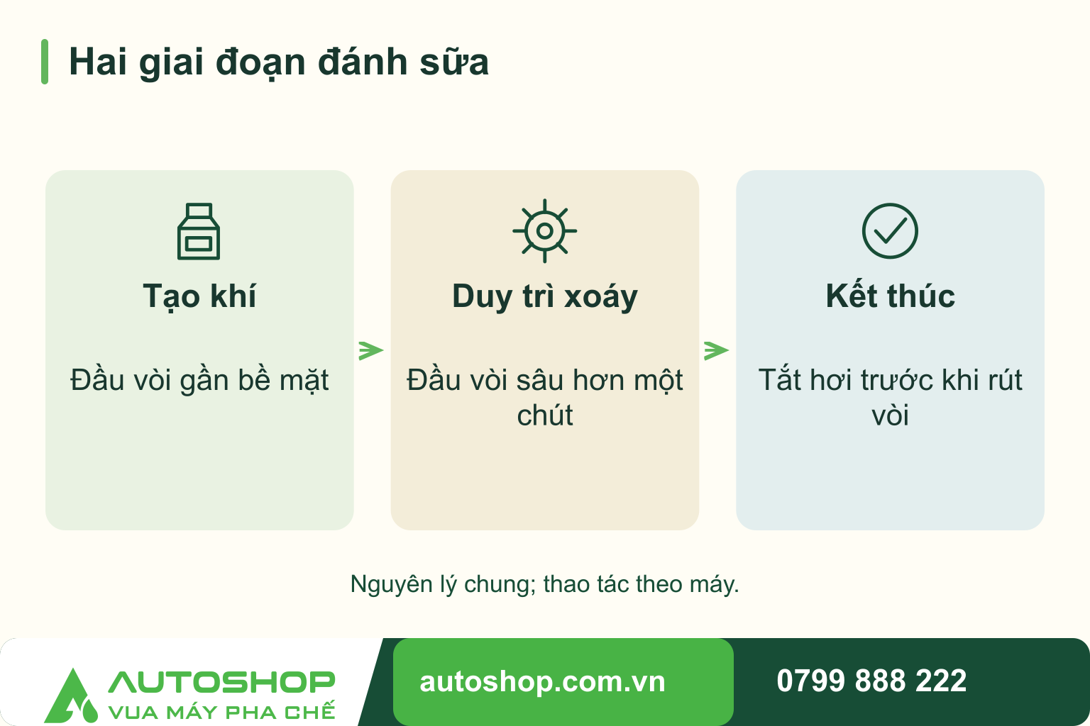 Sơ đồ hai giai đoạn đánh sữa: Tạo khí — Đầu vòi gần bề mặt; Duy trì xoáy — Đầu vòi sâu hơn một chút; Kết thúc — Tắt hơi trước khi rút vòi.