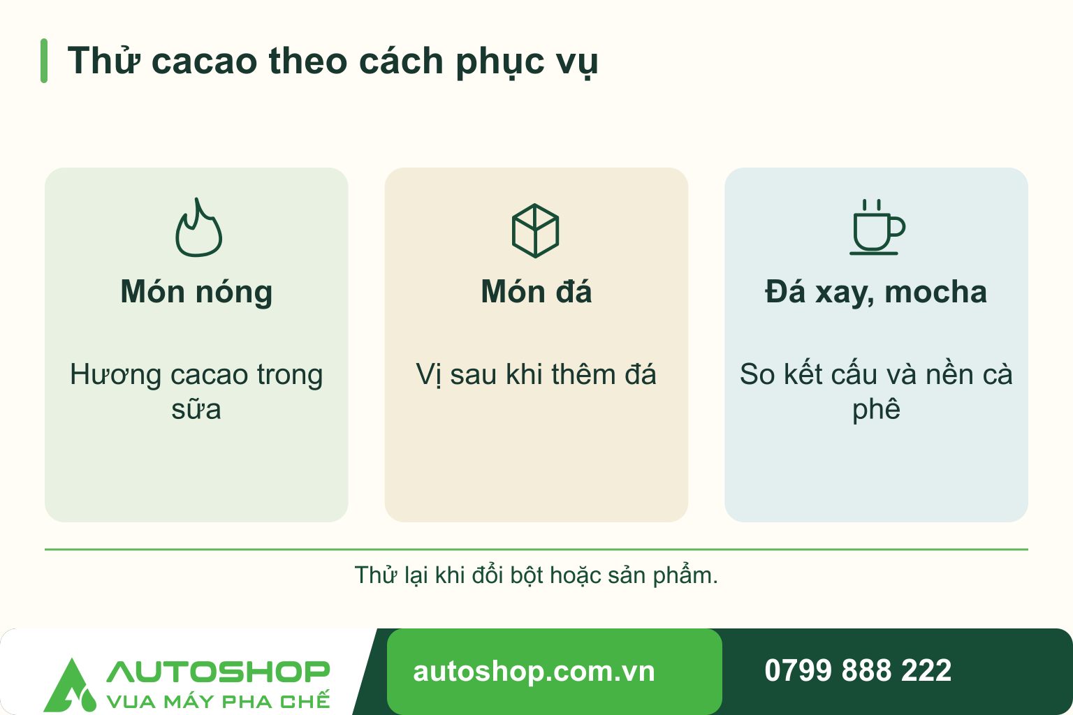 So sánh thử cacao theo cách phục vụ: Món nóng — Hương cacao trong sữa; Món đá — Vị sau khi thêm đá; Đá xay, mocha — So kết cấu và nền cà phê.