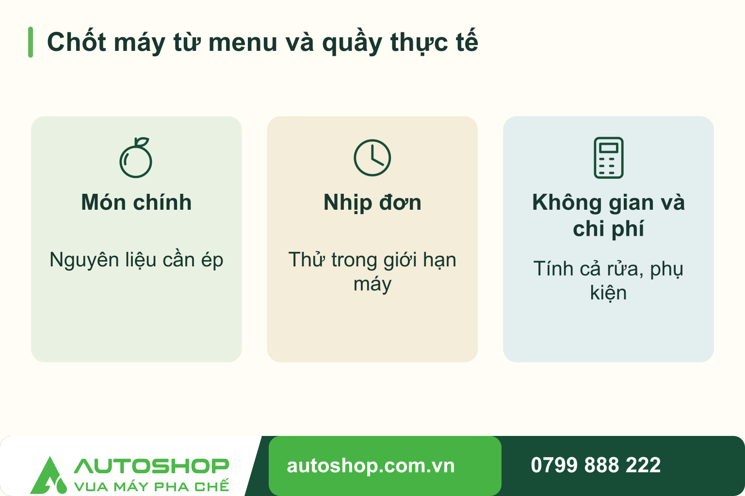 Sơ đồ chốt máy từ menu và quầy thực tế, phân nhánh theo tình huống: món chính, nhịp đơn, không gian và chi phí.
