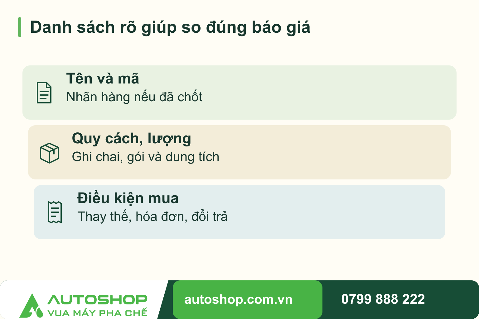 Sơ đồ danh sách rõ giúp so đúng báo giá, phân biệt các phần liên quan: tên và mã, quy cách, lượng, điều kiện mua.
