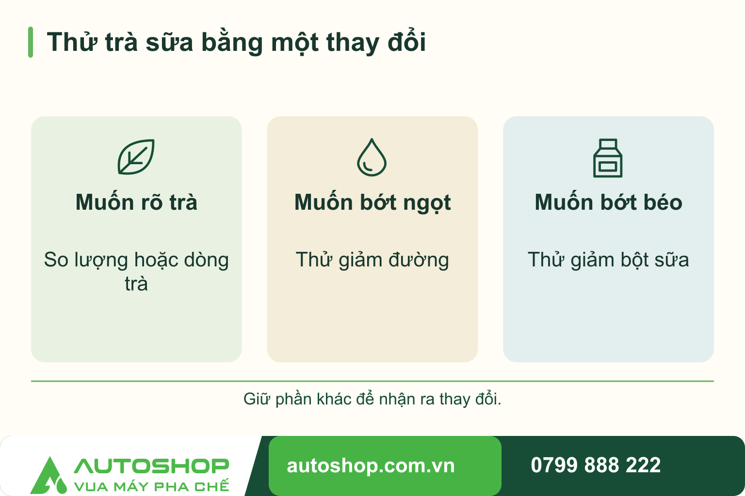 So sánh thử trà sữa bằng một thay đổi: Muốn rõ trà — So lượng hoặc dòng trà; Muốn bớt ngọt — Thử giảm đường; Muốn bớt béo — Thử giảm bột sữa.