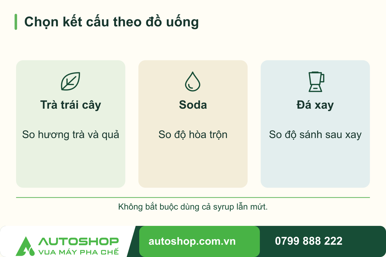 So sánh chọn kết cấu theo đồ uống: Trà trái cây — So hương trà và quả; Soda — So độ hòa trộn; Đá xay — So độ sánh sau xay.