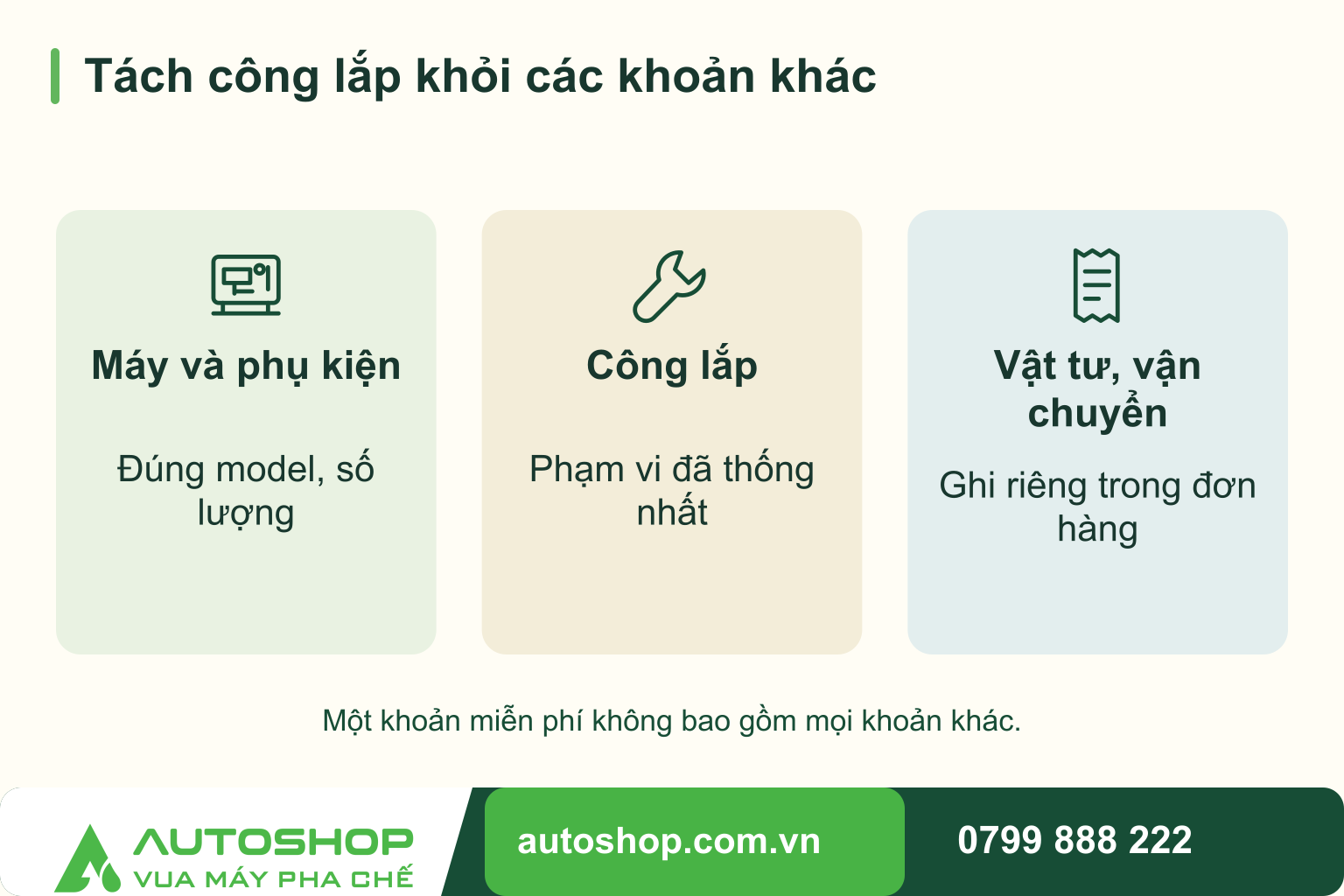Sơ đồ tách công lắp khỏi các khoản khác, tổng hợp các tiêu chí: máy và phụ kiện, công lắp, vật tư, vận chuyển.