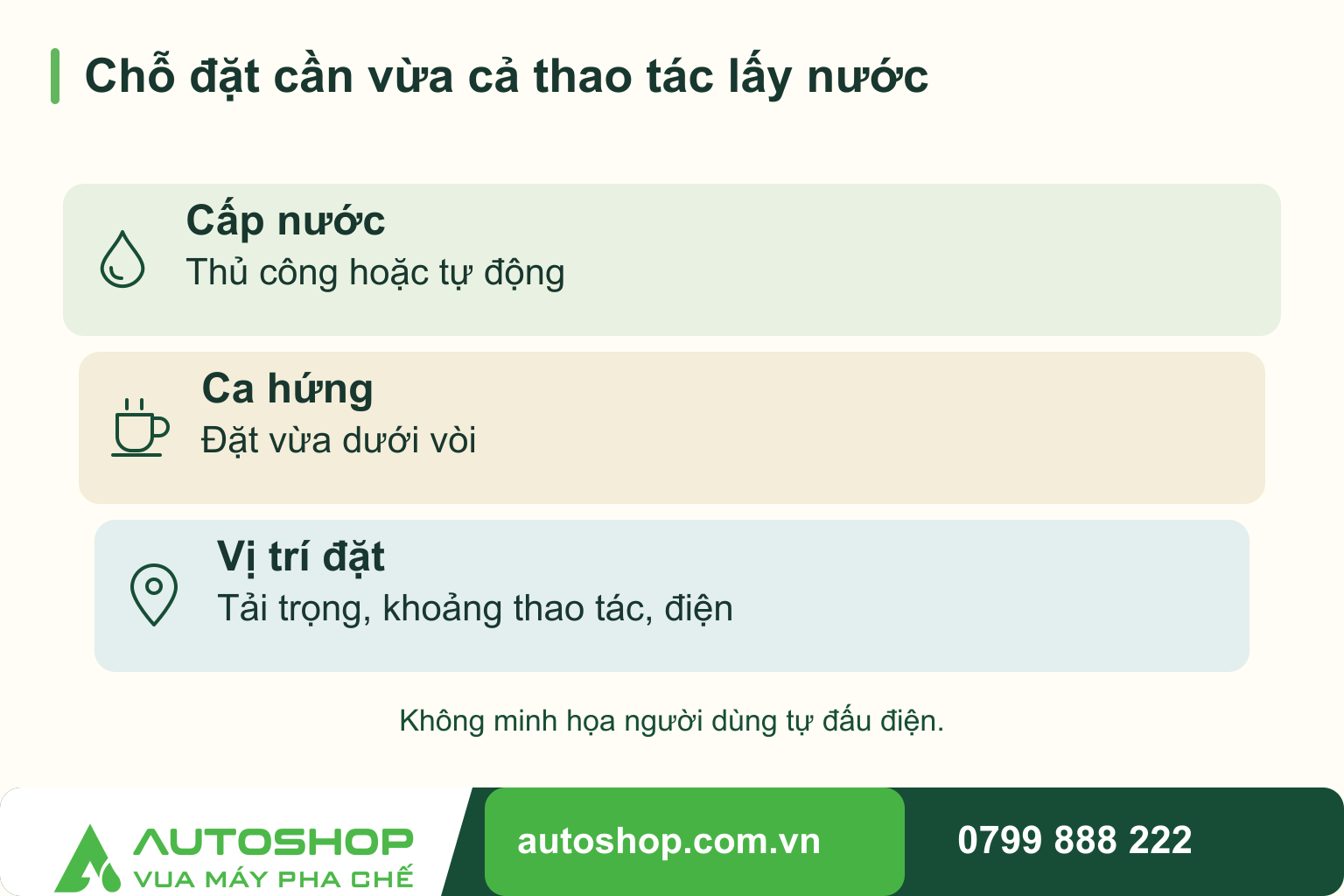 Sơ đồ chỗ đặt cần vừa cả thao tác lấy nước, phân biệt các phần liên quan: cấp nước, ca hứng, vị trí đặt.